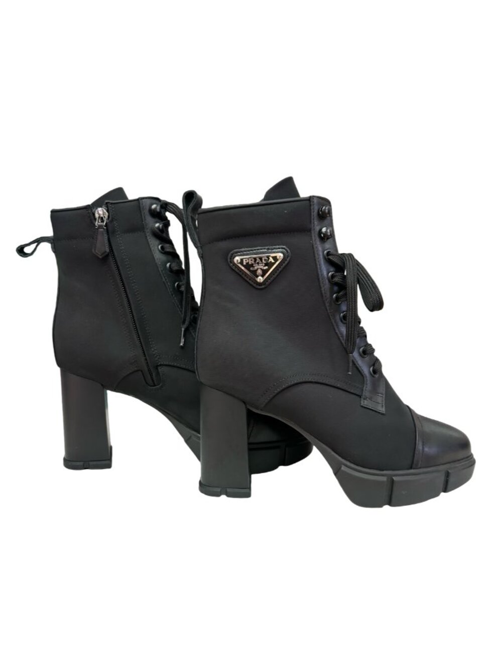 Prada Re-Nylon & Leather Block Heel Triangle Logo Lace Up Platform Ankle Boots